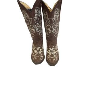 Los Altos Leather Cowgirl Boots Crystals Women’s Sz 9 M Brown Embroidered